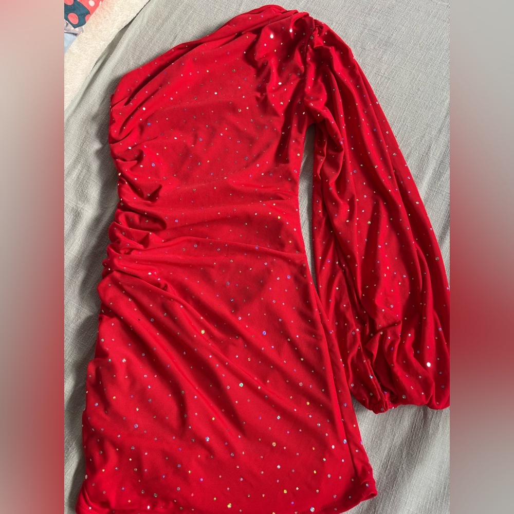 Red Ruched Long Sleeve Dress
